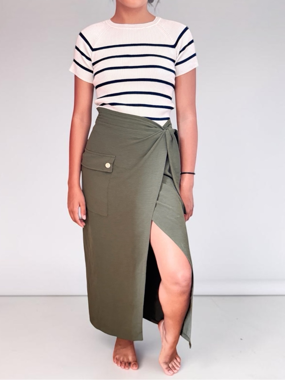 Olive Green Wrap Midi Skirt Size Large | Lightweight Side Button Summer Skirt